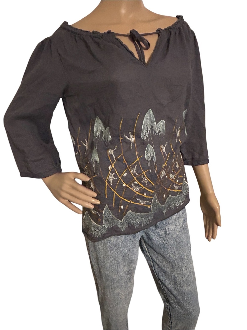 Meadow Rue Dark Gray Embroidered Peasant Tunic Women Size 0 Festival Boho